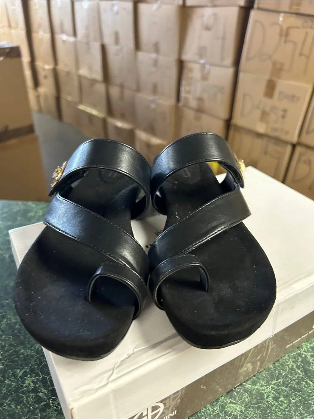 Giani Bernini Black Leather Crisscross Slide Sandals with Gold Accent
